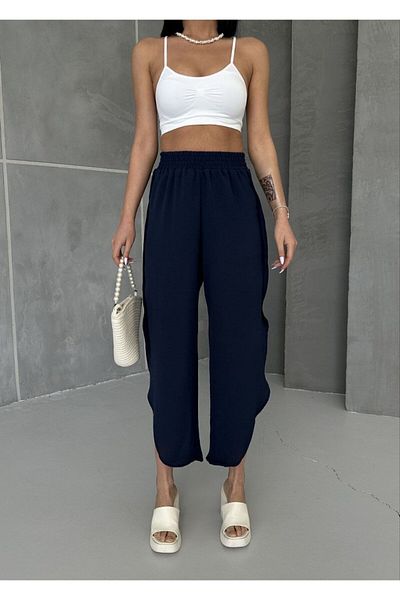 SHAWY Navy Blue Palazzo Trousers for Women - Slit, Loose Cut, Elastic Waist, Loose Aerobin Fabric