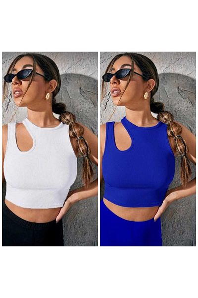charango Shoulder Detailed Cutout Sleeveless Crop Top - Pack of 2 Women's Blouse