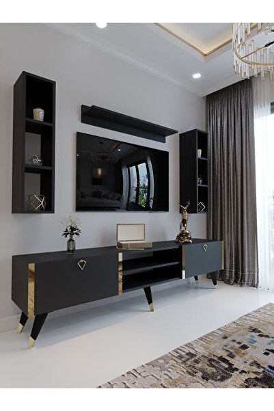 Myniture Home & Living Festival Tv Ünitesi G3009-4 Antrasit - Gold detaylı Mi...