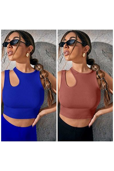 charango Shoulder Detailed Cutout Sleeveless Crop Top - Pack of 2 Women's Blouse