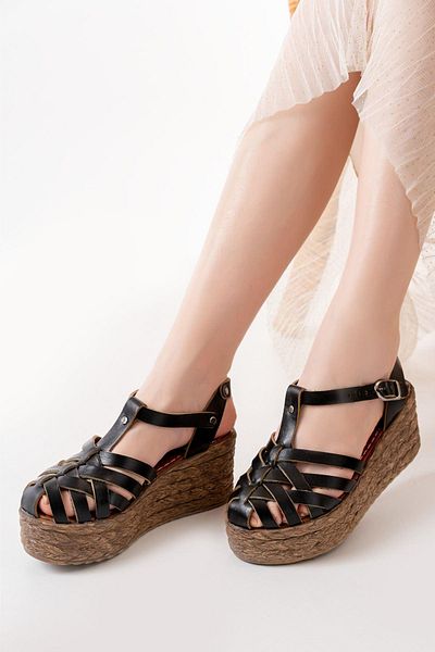 Aymood 684-02 Model Ortopedic Negru Sandale de damă din piele naturală - căptușeală