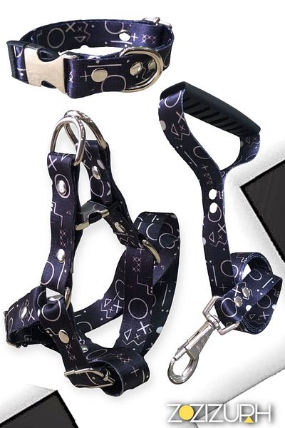 Angelapets 3-Piece Complete Dog Collar Neck Collar Walking Strap Set Metal Geometric