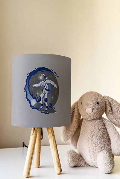 Talia Home Space Astronaut Patterned Children's Room - Gray Lampshade Table, Lamp Tlab-233