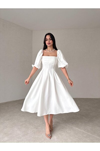 Afiş Butik Kare Yaka Pileli Midi Boy Elbise