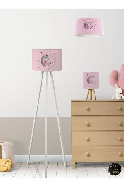 Talia Home Pembe Ay'da Oturan Kız Çocuk Odası Avize-Abajur-Lambader 3'lü Takım TLAL-280