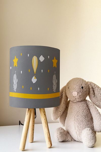 Talia Home Gray Star Patterned Elephant Lampshade Table - Children's Room Tlab-298