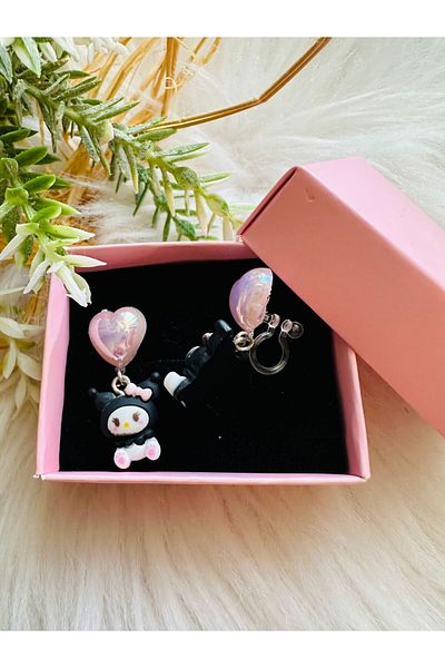 1PARÇAMAVİ Kuromi Children's Earrings - Transparent, Invisible Clip and No Hole