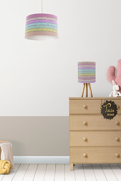 Talia Home Renkli Şerit Desenli Sarkıt Avize ve Abajur Masa Lambası Aydınlatm...