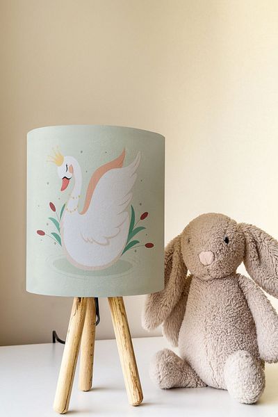 Talia Home Green Swan Patterned Children's Room - Lampshade Table Lamp Tlab-221
