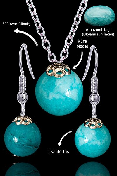 Tesbih Atölyesi Amazonite Stoned Globe Model Necklace and Earring Set - Silver Apparatus