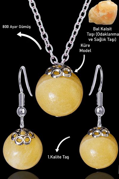 Tesbih Atölyesi Honey Calcite Globe Model Necklace and Earring Set - Silver Apparatus, Certified