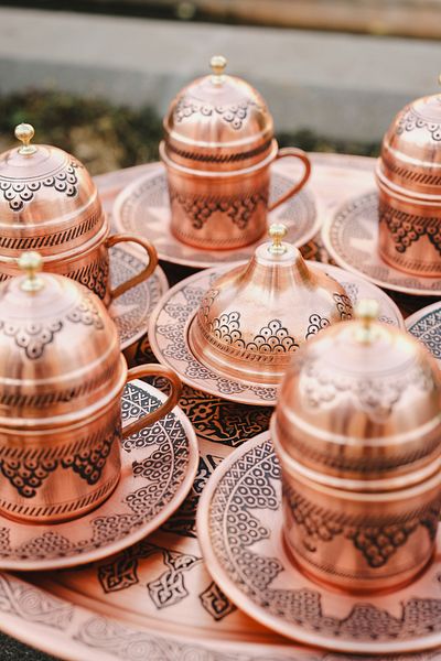 GABAALTI Gaziantep 6-Person Copper Grape Cup Set - Heavy Embroidered Turkish Coffee
