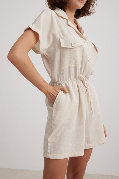 Essence Bouteille Women's Short Sleeve Button Stone Jumpsuit Shorts Vvk27063