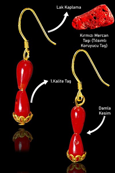 Tesbih Atölyesi Sertifikalı 24k Altın Kaplama Damla Model Gerçek Kırmızı Mercan Taşı Küpe