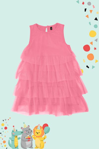 TRENDYOLKIDS Dívčí růžové tylové pletené šaty - detail volánku TKDSS24EL00005