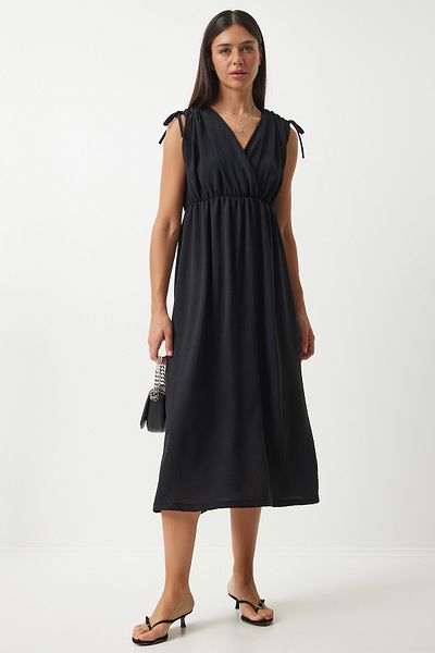 Happiness İstanbul Black Wraped Collar Gathered Women's Dress - AN00201