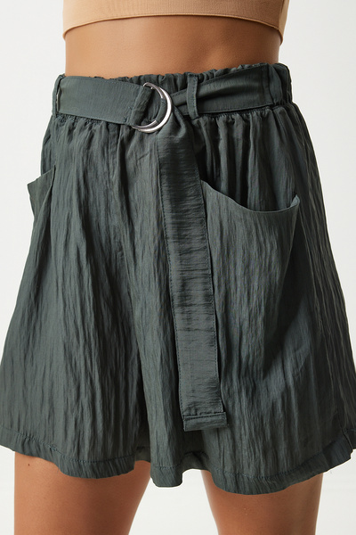 Happiness İstanbul Dámské khaki šortky s páskem do města - RC00154