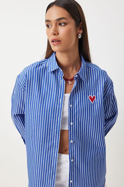 Happiness İstanbul Sötétkék fehér szívvel hímzett Poplin Oversize ing - DX00016