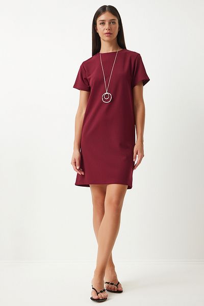 Happiness İstanbul Burgunderrotes Crêpe-Kleid – Rundhalsausschnitt, TO00136
