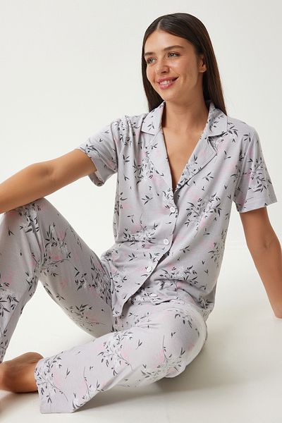 Happiness İstanbul Gray Patterned Women's Shirt and Trousers Pajamas Set - EC00043