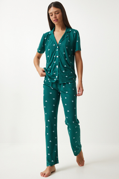 Happiness İstanbul Kadın Koyu Yeşil Kalpli Gömlek Pantolon Pijama Takımı EC00036
