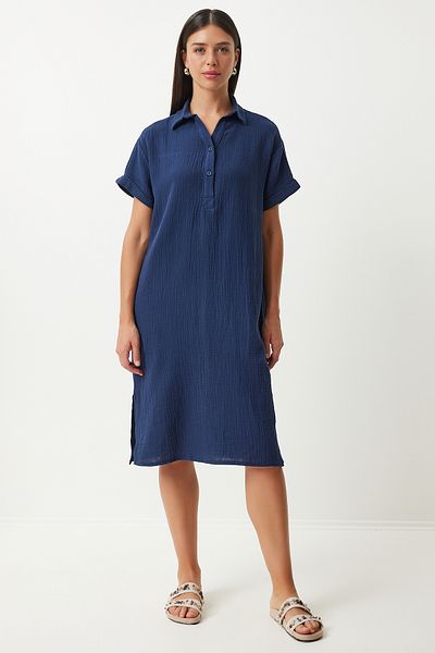 Happiness İstanbul Navy Blue Polo Collar Muslin Loose Summer Dress - TO00135
