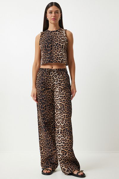 Happiness İstanbul Black Beige Leopard Print Women's Blouse and Trousers Set - UL00032
