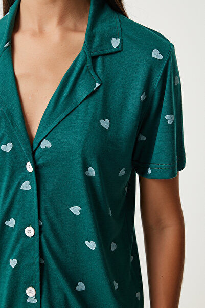 Happiness İstanbul Kadın Koyu Yeşil Kalpli Gömlek Pantolon Pijama Takımı EC00036