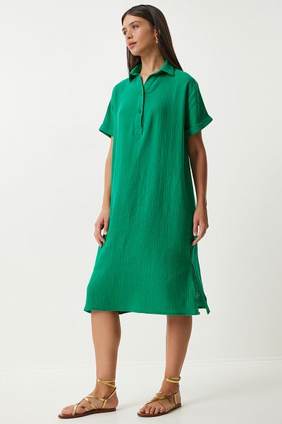 Happiness İstanbul Grünes Sommerkleid aus Musselin mit Polokragen - TO00135