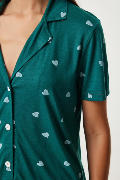 Happiness İstanbul Dark Green Viscose Women's Pajamas Set - Heart Shorts and Shirt EC00035