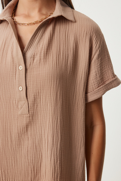 Happiness İstanbul Rochie de damă cu guler polo loose muslin - Summer Biscuit TO00135