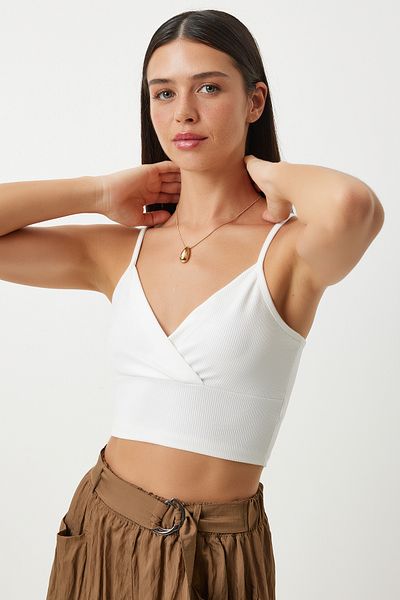 Happiness İstanbul Weißes, kurz geschnittenes Strick-Bustier für Damen MX00078