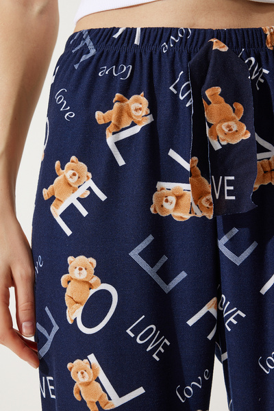 Happiness İstanbul Sötétkék mintás puha női kötött pizsama - GF00002