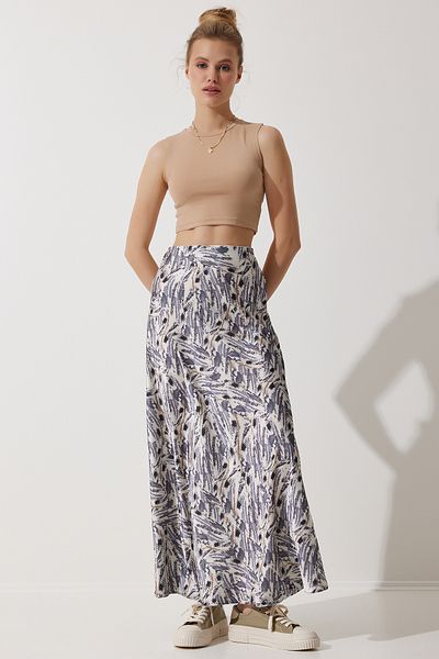 Happiness İstanbul Satin Women's Skirt - Gray Beige Patterned, Surface DD01320