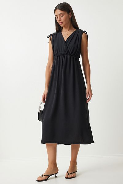Happiness İstanbul Black Wraped Collar Gathered Women's Dress - AN00201