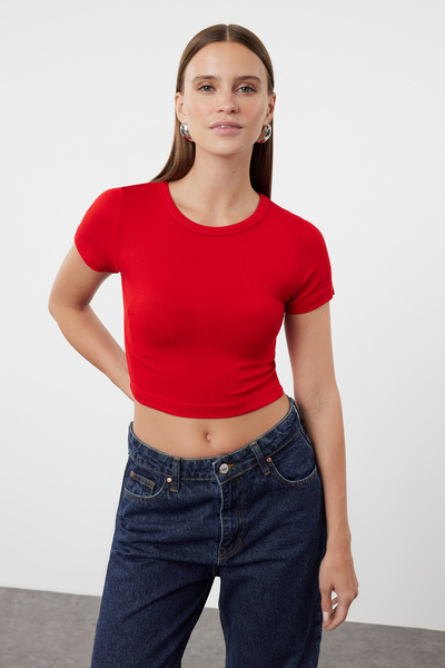 Trendyol Collection Premium Rot-Schwarz 2er-Pack Crop Bluse aus viskosem/weichem Stoff, dehnbar, gestrickt TWOSS23BZ00108