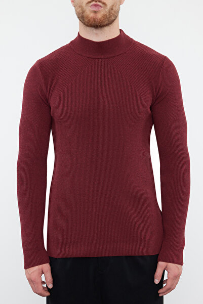 Trendyol Collection Unisex Claret Red Corduroy Sweater - Skinny Fit, Cotton, Half Turtleneck Tmnaw21Kz0553