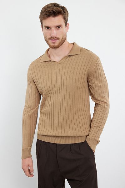 Trendyol Collection Тънък тънък пуловер с поло яка Camel Tmnaw25Kz00022