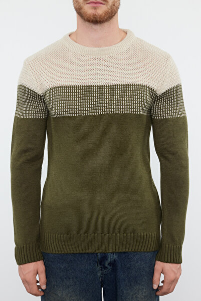 Trendyol Collection Khaki Color Blocked Slim Fit Crew Neck Knitwear Sweater - Tmnaw21Kz0543
