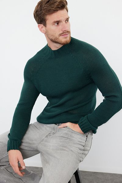 Trendyol Collection Smaragdgrüner Slim-Fit-Slim-Fit-Pullover mit halbem Rollkragen und Raglanärmeln, einfarbig, Basic-Strickpullover TMNAW25KZ00002