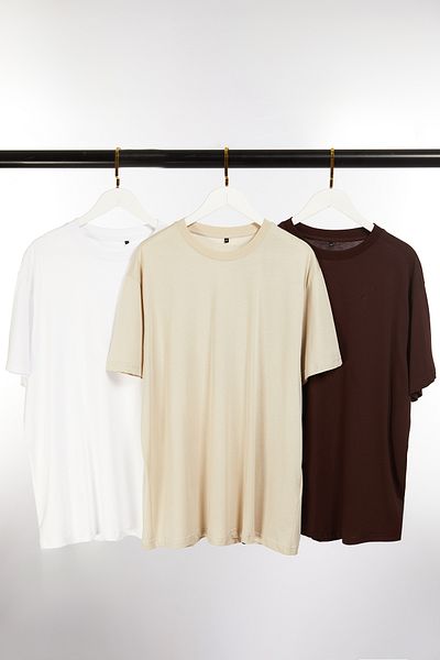 Trendyol Collection Dark Brown-Stone-White Large Size 3 Pack Regular Fit 100% Cotton T-Shirts Tmnss24Bf00059