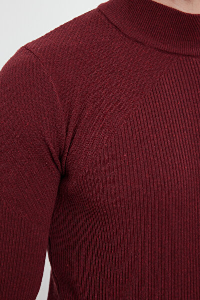 Trendyol Collection Unisex Claret Red Corduroy Sweater - Skinny Fit, Cotton, Half Turtleneck Tmnaw21Kz0553