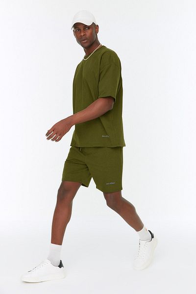 Trendyol Collection Σετ φόρμας Dark Khaki Oversize Text Κεντημένο 100% Βαμβάκι TMNSS22EM00012