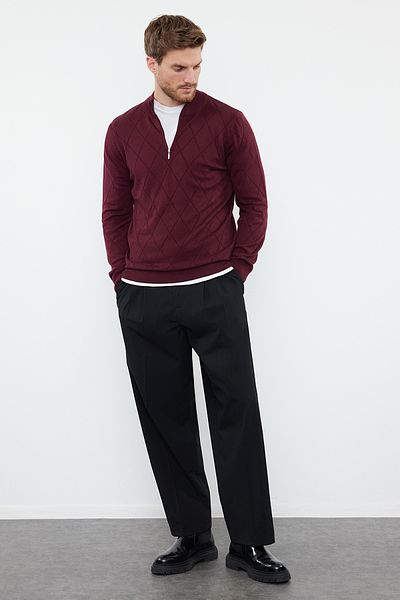 Trendyol Collection Claret Red Slim Fit Bavlna Poloviční rolák se zipem Chytrý pletený svetr Tmnaw23Kz00215