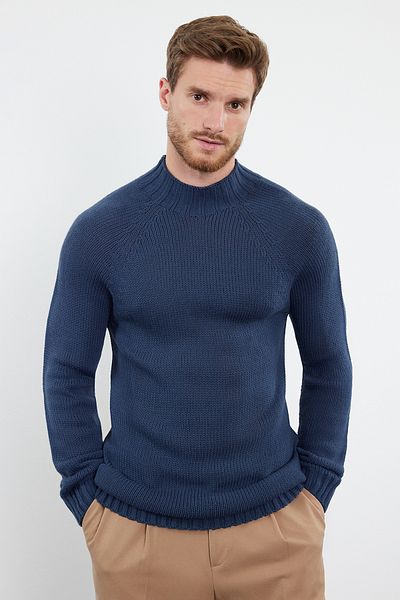Trendyol Collection Pulover de bază Indigo Slim Fit - Jumătate de gât țesut, mânecă raglan TMNAW25KZ00002