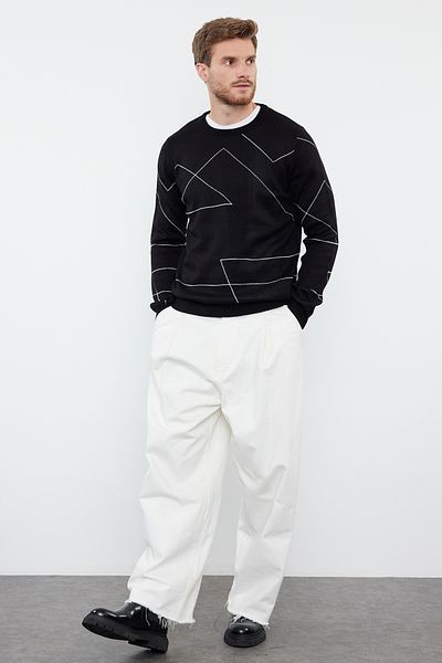 Trendyol Collection Черен тесен плетен пуловер на райе - кръгло деколте Tmnaw22Kz0662