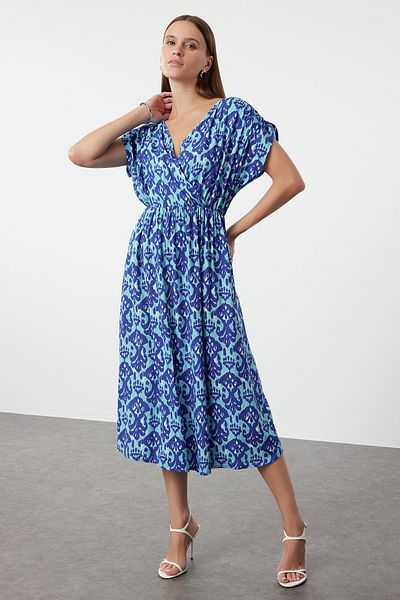Trendyol Collection Rochie cu guler dublu cu imprimeu albastru, linie A - TWOSS24EL01054