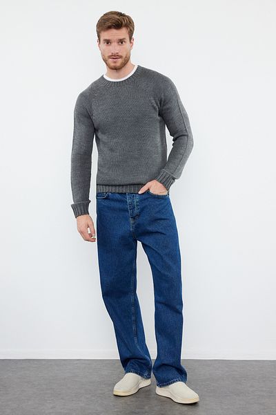 Trendyol Collection Πλεκτό πουλόβερ Anthracite Basic - Slim Fit, Crew Neck, Raglan Sleeve TMNAW25KZ00000