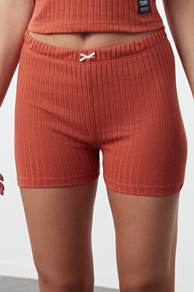 Trendyol Collection Kostkované šortky Pyžamo ve skořicové barvě - THMSS24PT00393