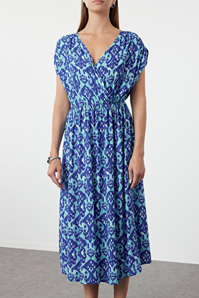 Trendyol Collection Rochie cu guler dublu cu imprimeu albastru, linie A - TWOSS24EL01054